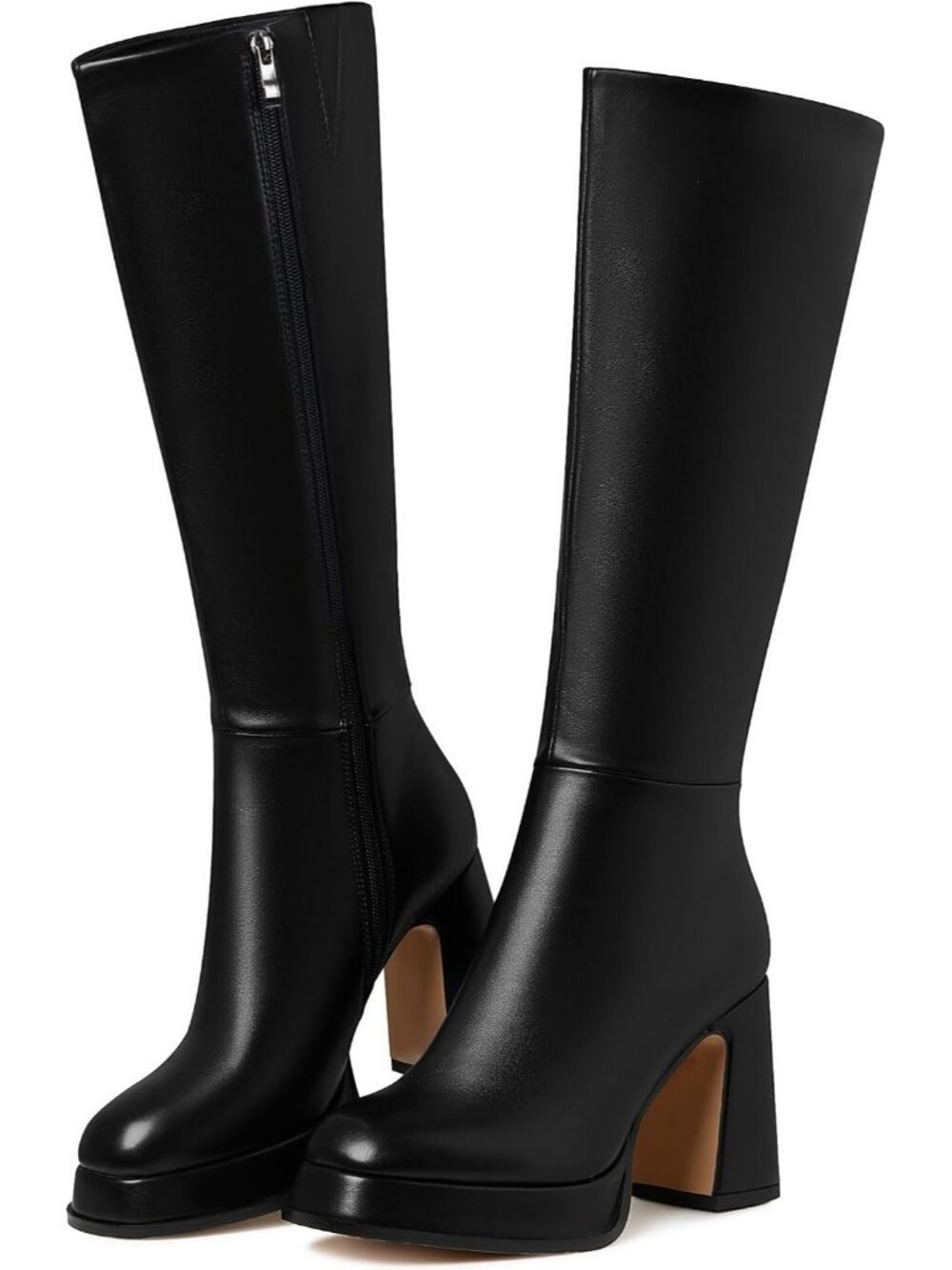 Women's Black Tall Fall Chunky Side Zipper Wide Calf Square Toe Knee High Boots